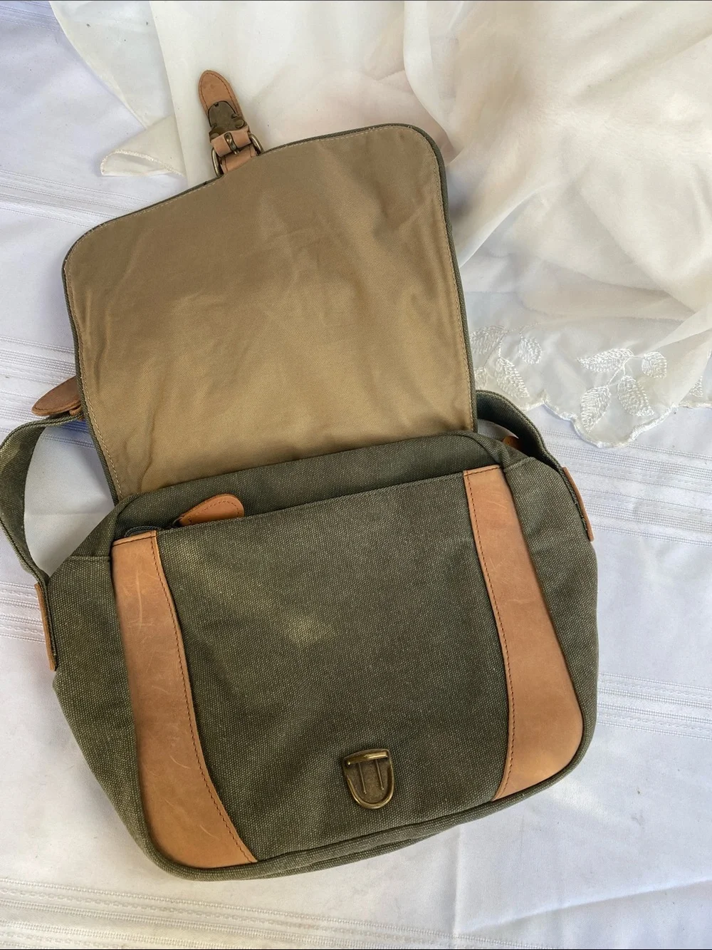 L.L. Bean Olive Canvas Messenger Bag with Brown Leather Trim